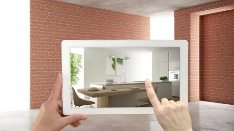 Augmented reality concept. Hand holding tablet with AR application used to si Illustrazione stock