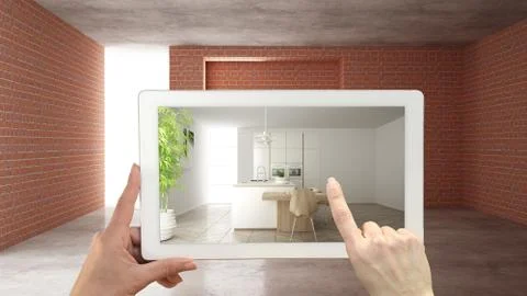 Augmented reality concept. Hand holding tablet with AR application used to si Illustrazione stock
