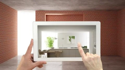Augmented reality concept. Hand holding tablet with AR application used to si Stock Illustration