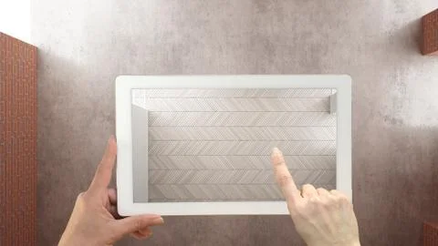 Augmented reality concept. Hand holding tablet with AR application used to si Illustrazione stock