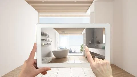 Augmented reality concept. Hand holding tablet with AR application used to si Stock Illustration