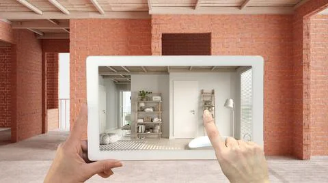 Augmented reality concept. Hand holding tablet with AR application used to si Stock Illustration