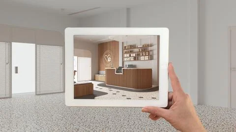 Augmented reality concept. Hand holding tablet with AR application used to si Stock Illustration