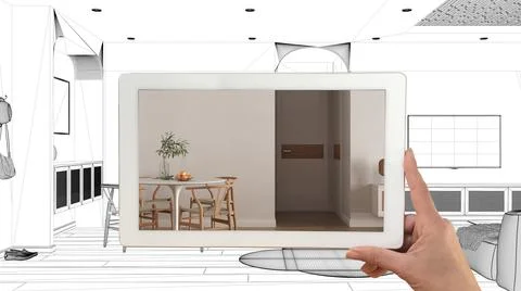 Augmented reality concept. Hand holding tablet with AR application used to si Stock Illustration