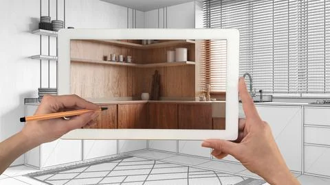 Augmented reality concept. Hand holding tablet with AR application used to .. Stock Illustration