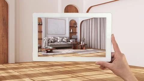 Augmented reality concept. Hand holding tablet with AR application used to .. Stock Illustration