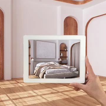 Augmented reality concept. Hand holding tablet with AR application used to .. Illustrazione stock