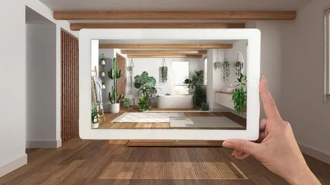 Augmented reality concept. Hand holding tablet with AR application used to .. Stock Illustration
