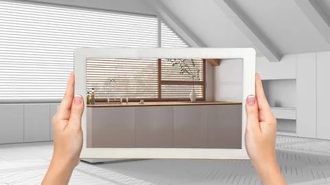 Augmented reality concept. Hand holding tablet with AR application used to .. Stock Illustration