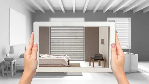 Augmented reality concept. Hand holding tablet with AR application used to .. Stock Illustration
