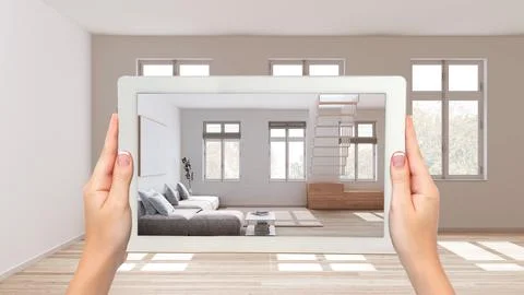 Augmented reality concept. Hand holding tablet with AR application used to .. Stock Illustration