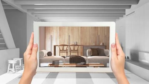 Augmented reality concept. Hand holding tablet with AR application used to .. Stock Illustration