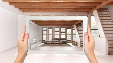 Augmented reality concept. Hand holding tablet with AR application used to .. Stock Illustration