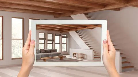 Augmented reality concept. Hand holding tablet with AR application used to .. Stock Illustration