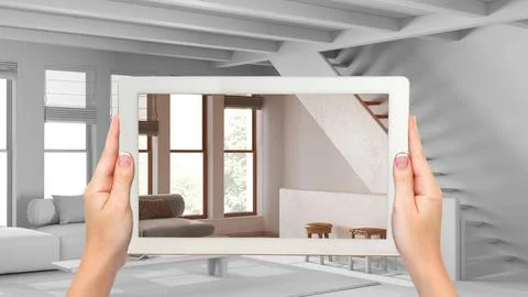 Augmented reality concept. Hand holding tablet with AR application used to .. イラスト素材
