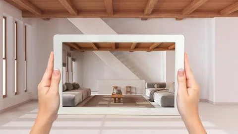 Augmented reality concept. Hand holding tablet with AR application used to .. イラスト素材