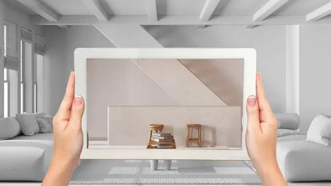 Augmented reality concept. Hand holding tablet with AR application used to .. Stock Illustration