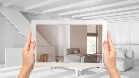 Augmented reality concept. Hand holding tablet with AR application used to .. イラスト素材