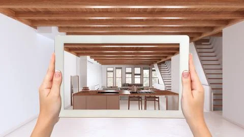 Augmented reality concept. Hand holding tablet with AR application used to .. Stock Illustration