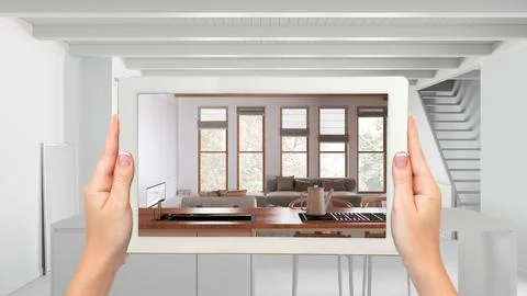 Augmented reality concept. Hand holding tablet with AR application used to .. Stock Illustration