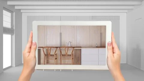 Augmented reality concept. Hand holding tablet with AR application used to .. Stock Illustration