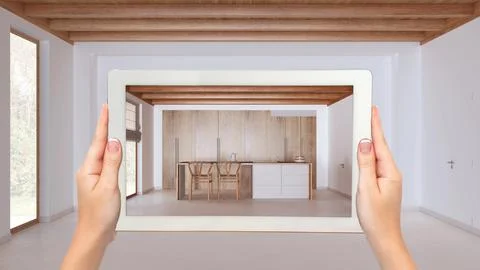Augmented reality concept. Hand holding tablet with AR application used to .. Stock Illustration