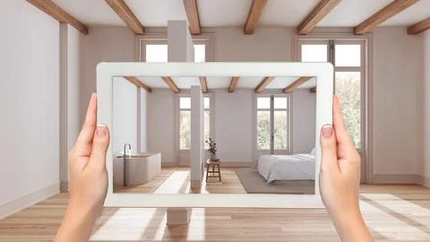 Augmented reality concept. Hand holding tablet with AR application used to .. Stock Illustration