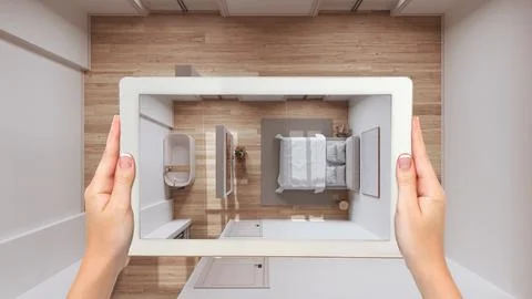 Augmented reality concept. Hand holding tablet with AR application used to .. Stock Illustration