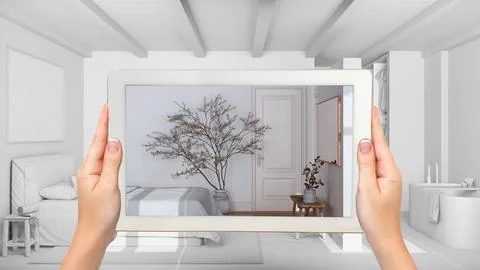 Augmented reality concept. Hand holding tablet with AR application used to .. Stock Illustration