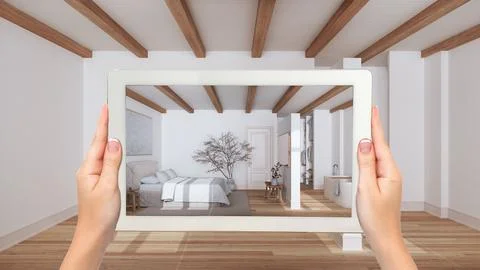 Augmented reality concept. Hand holding tablet with AR application used to .. Stock Illustration