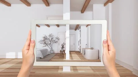 Augmented reality concept. Hand holding tablet with AR application used to .. Stock Illustration