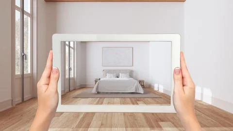 Augmented reality concept. Hand holding tablet with AR application used to .. Stock Illustration