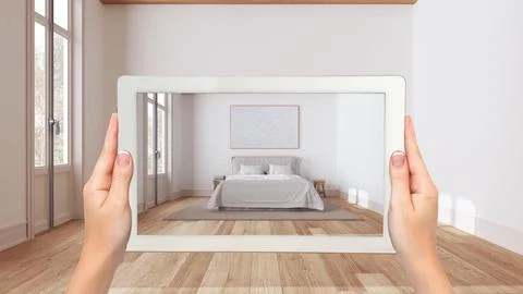 Augmented reality concept. Hand holding tablet with AR application used to .. Stock Illustration