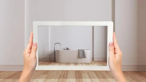 Augmented reality concept. Hand holding tablet with AR application used to .. Stock Illustration