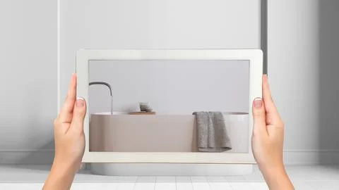 Augmented reality concept. Hand holding tablet with AR application used to .. Stock Illustration