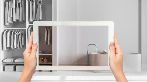 Augmented reality concept. Hand holding tablet with AR application used to .. Stock Illustration