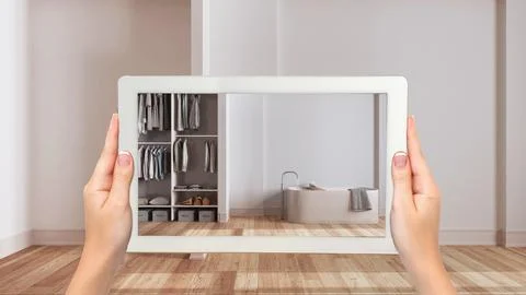Augmented reality concept. Hand holding tablet with AR application used to .. Stock Illustration