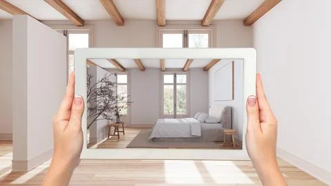 Augmented reality concept. Hand holding tablet with AR application used to .. Stock Illustration