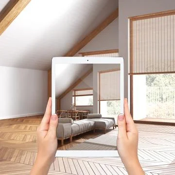 Augmented reality concept. Hand holding tablet with AR application used to .. Stock Photos