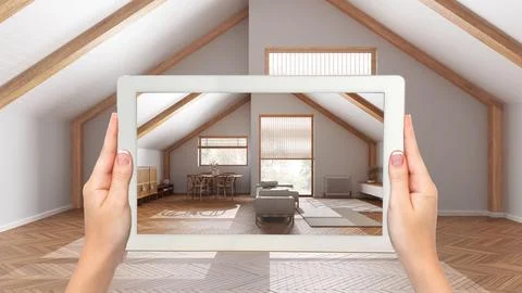 Augmented reality concept. Hand holding tablet with AR application used to .. Stock Photos