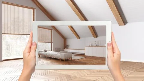 Augmented reality concept. Hand holding tablet with AR application used to .. Stock Photos