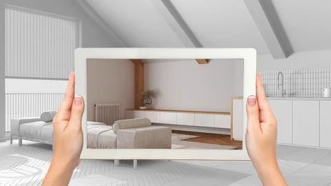 Augmented reality concept. Hand holding tablet with AR application used to .. Stock Photos