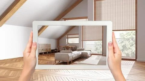 Augmented reality concept. Hand holding tablet with AR application used to .. Stock Photos