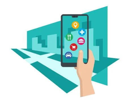 Augmented reality concept - phone in hands and POI Stock Illustration