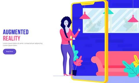 Augmented reality Concept website template for web page. A girl using isome.. Ilustração Stock