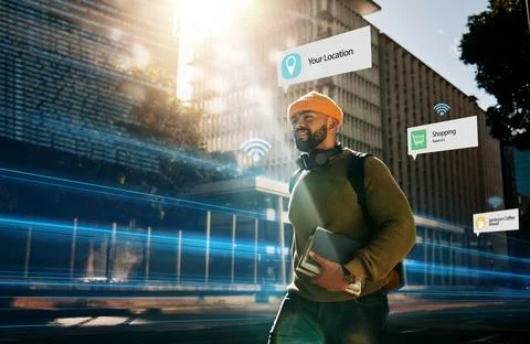 Augmented reality, connection and student walking in city with hologram for Stock Photos
