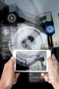 Augmented Reality device using smart technology, mixing virtual and augmentat Stock Photos