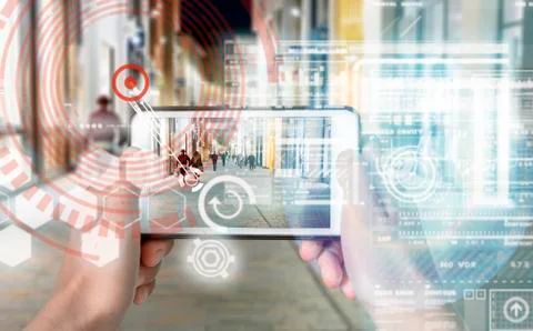 Augmented Reality device using smart technology, mixing virtual and augmentat Stock Photos