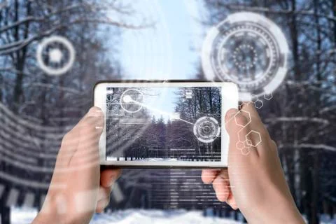 Augmented Reality device using smart technology, mixing virtual and augmentat Stock Photos