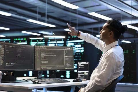 Augmented reality, engineer and hologram in data center for monitoring 写真素材